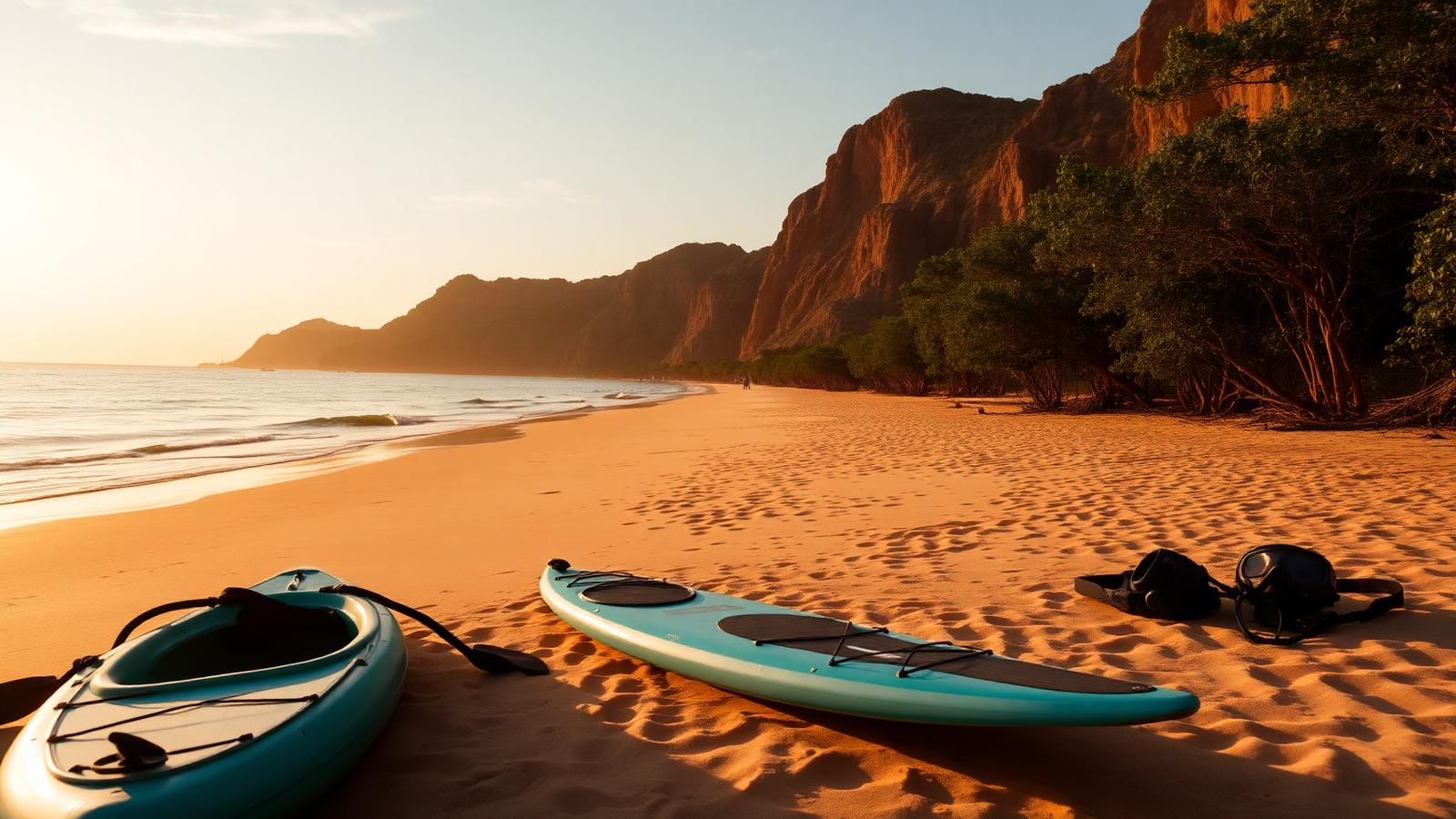 Empty beach at golden hour with kayaks, snorkel gear and a paddleboard on warm sand
