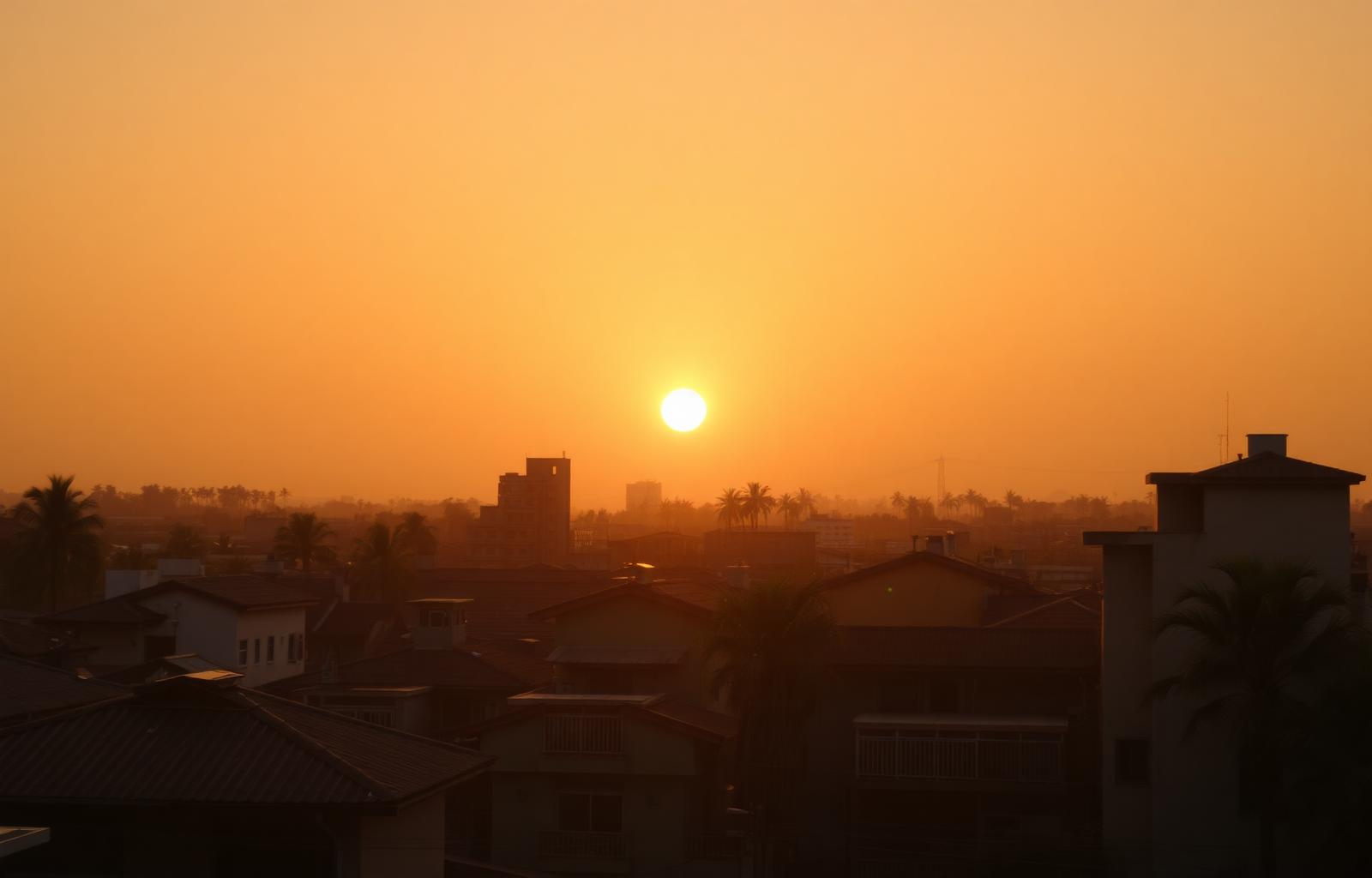 Warm sunset over a low-cost-of-living city skyline with rooftops and palm trees