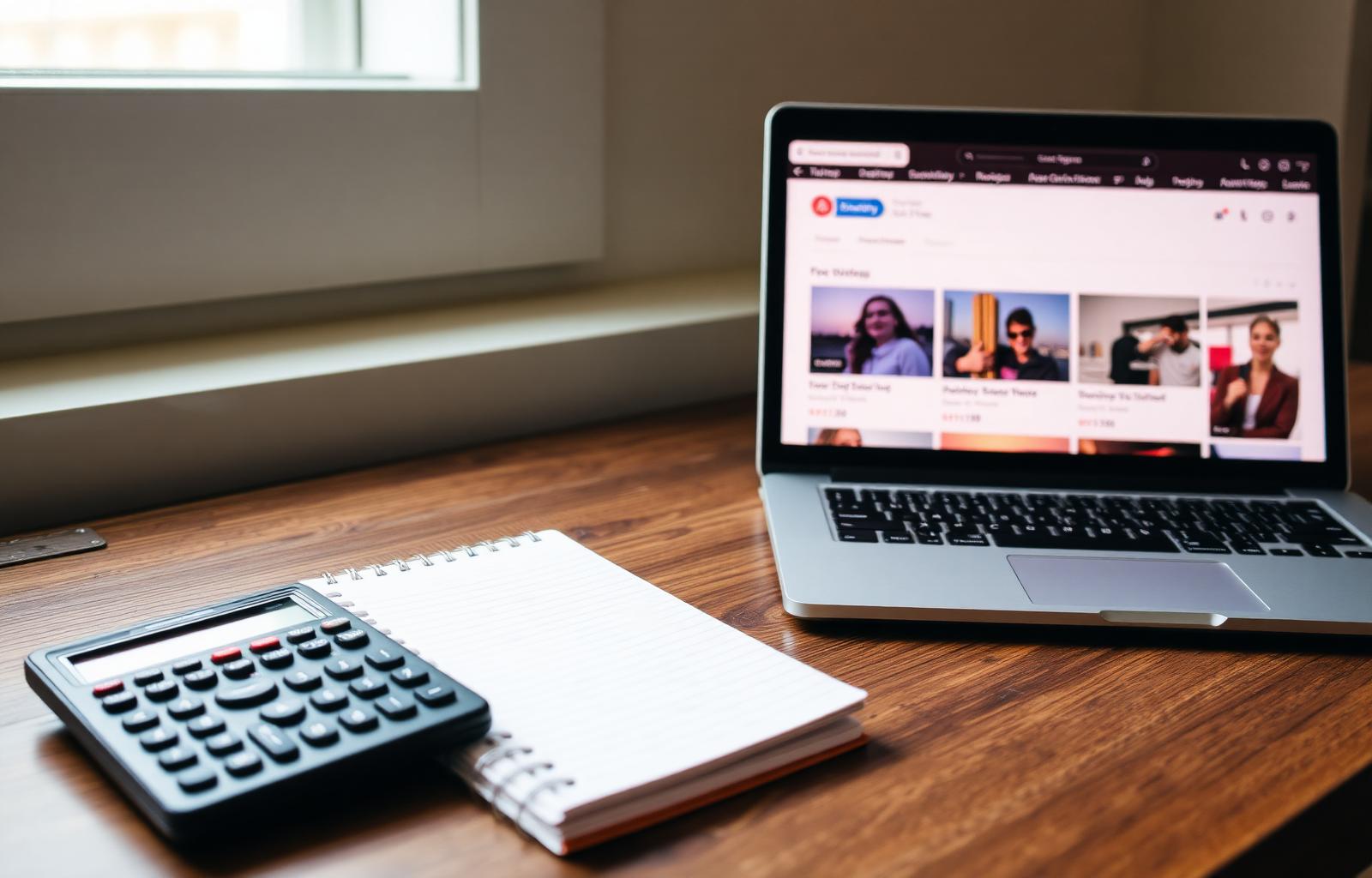 Calculator and notebook beside a laptop showing Airbnb monthly listings