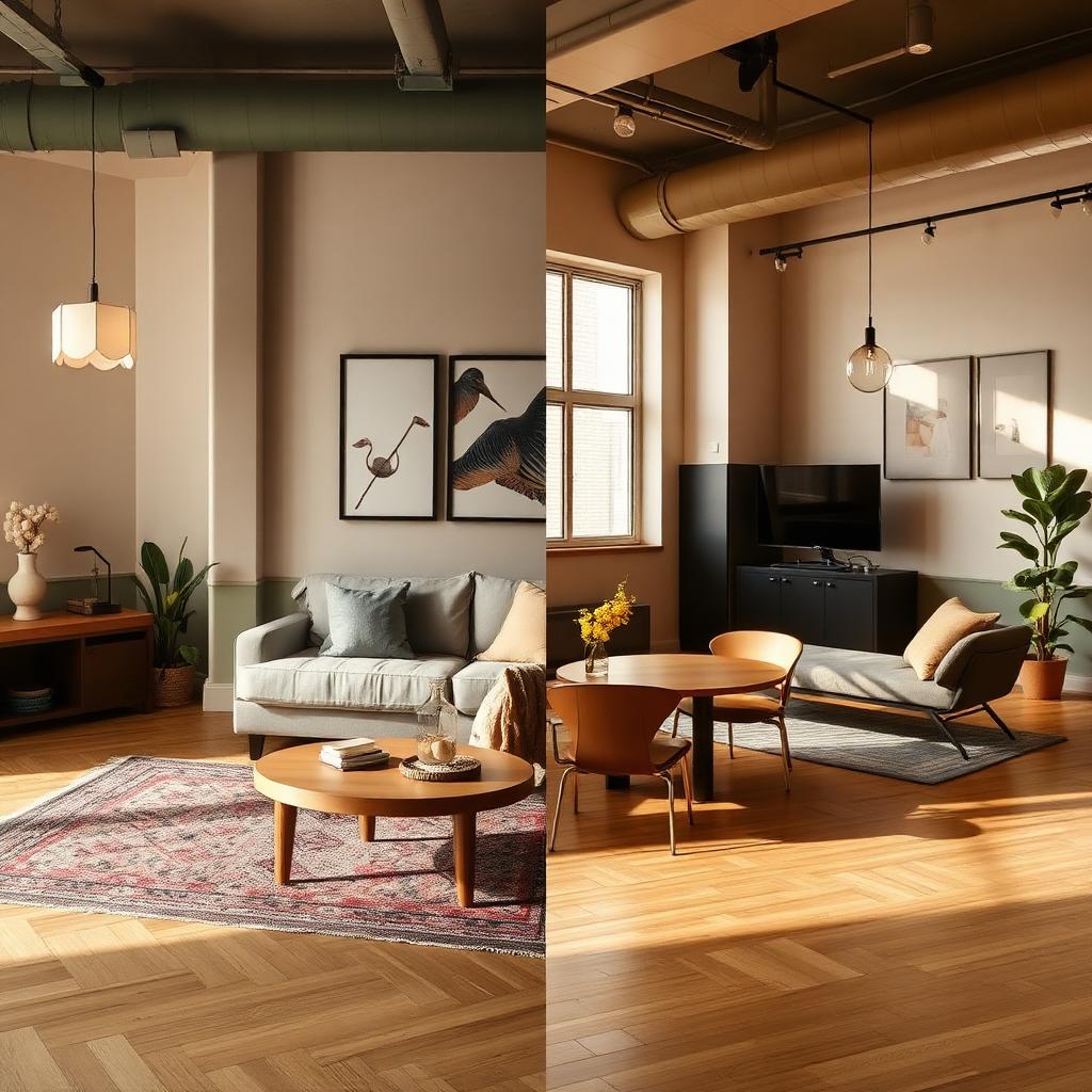 Side-by-side of a stylish Airbnb apartment interior and a modern coliving common area
