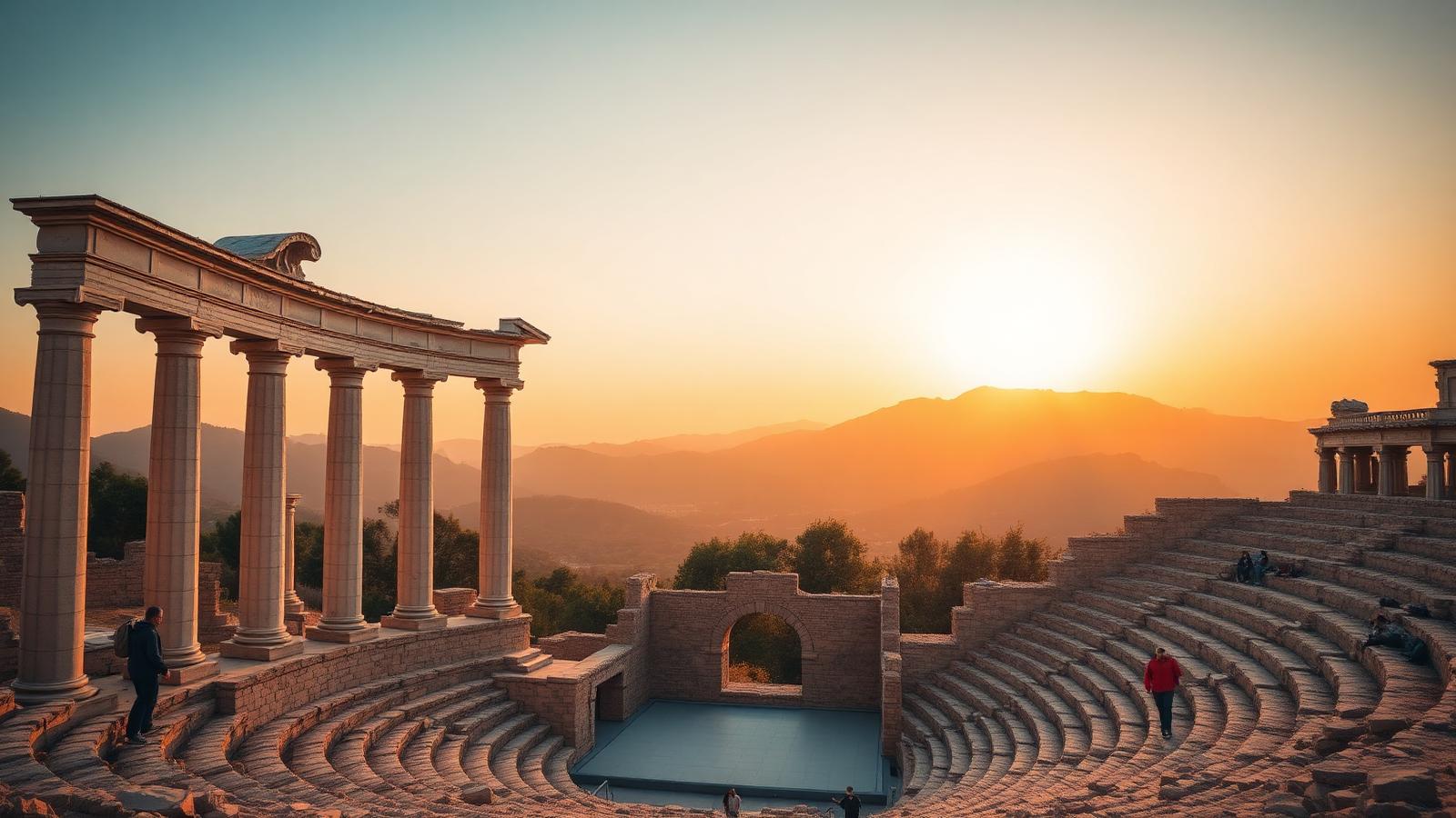 Aspendos Roman theatre near Antalya at golden hour with Taurus Mountains behind