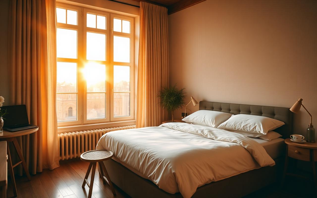 Modern serviced apartment living room with large windows, a sofa, and a small kitchenette visible in the background