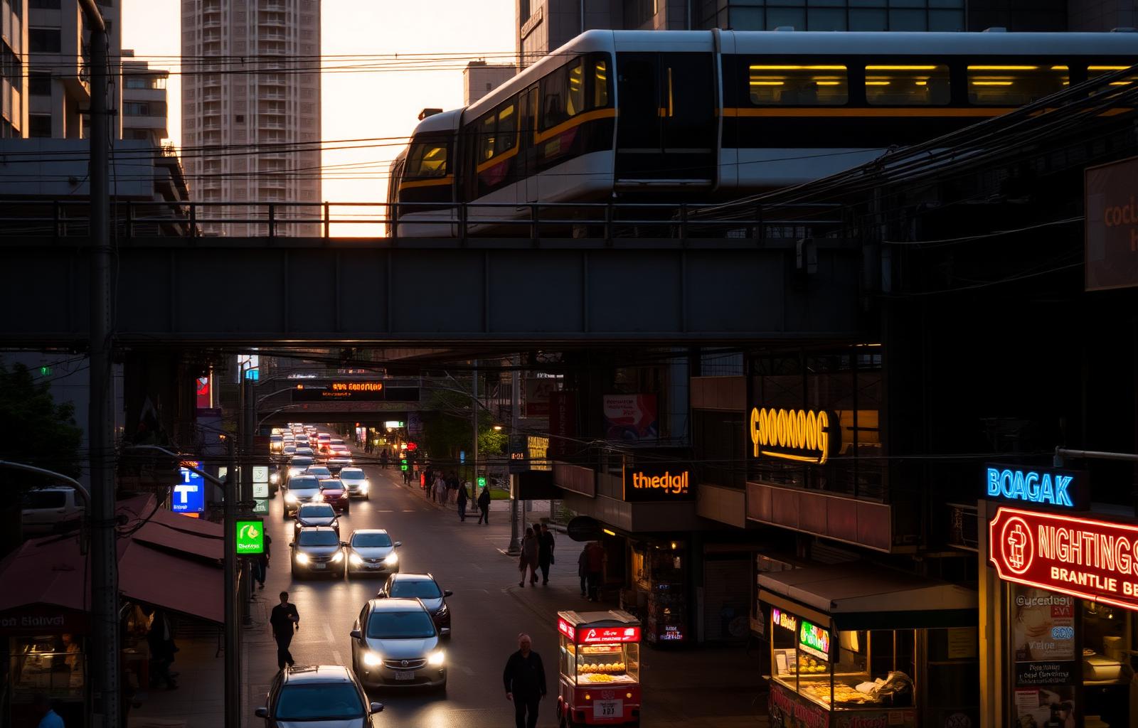 BTS Skytrain passing above a Bangkok Sukhumvit street at golden hour