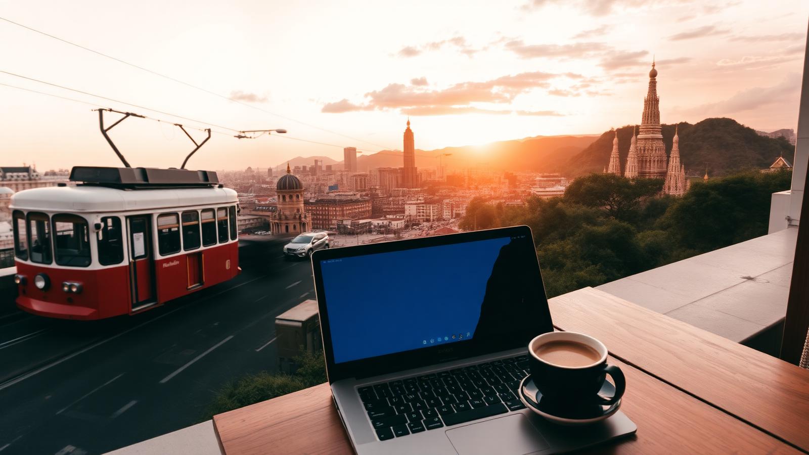 Split-screen collage of Lisbon tram, Bangkok skyline, Medellín valley and a laptop on a café table