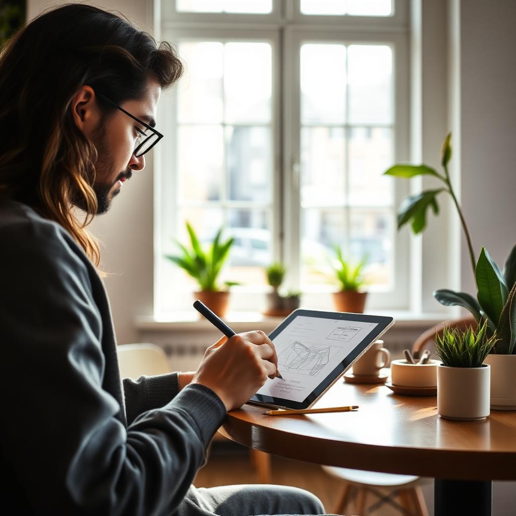 Freelance graphic designer sketching on an iPad in a bright minimalist café