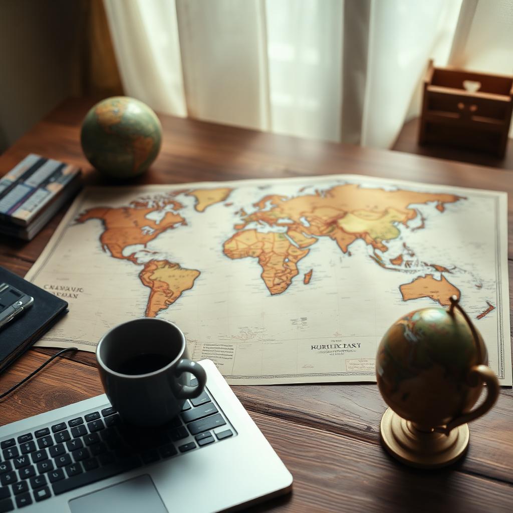 World map, laptop and coffee on a wooden desk in warm morning light