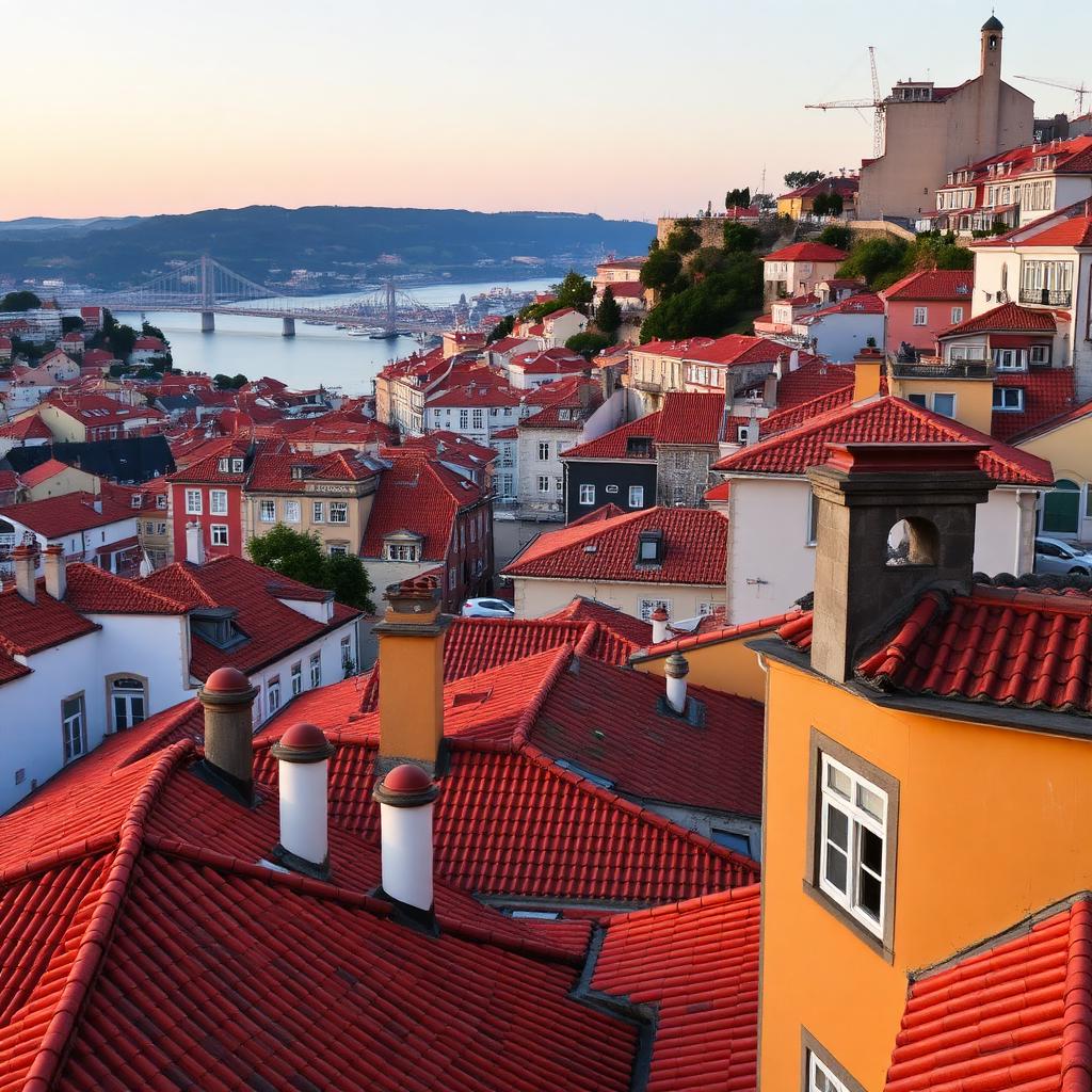 Porto rooftops with terracotta tiles and the Douro river at sunset