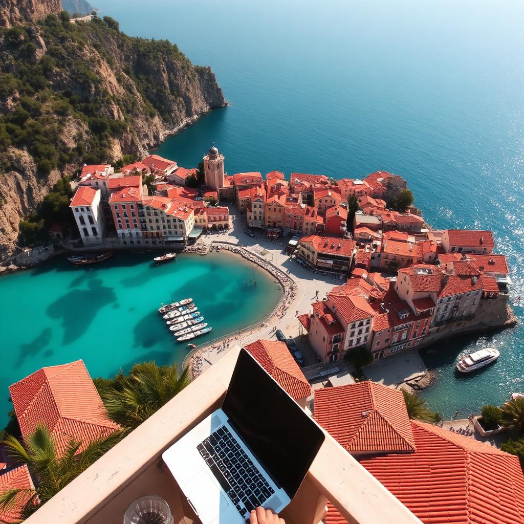 Aerial view of a Mediterranean coastal town with red rooftops and turquoise water
