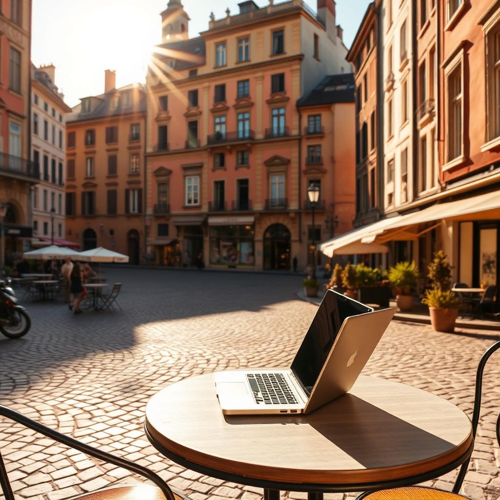 Sunlit European old town square with a laptop on a café table