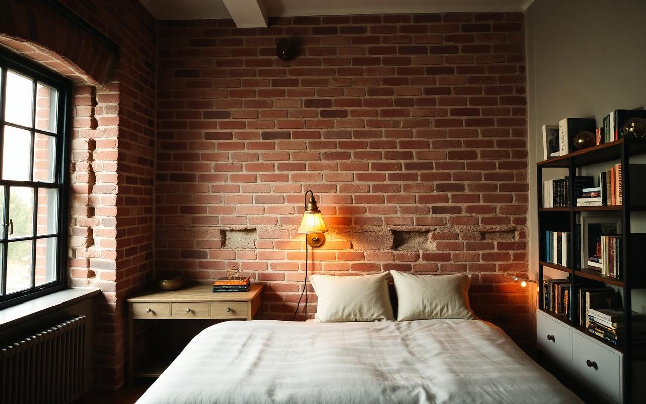 Boutique hotel room with exposed brick wall, vintage brass lamp and linen bedding
