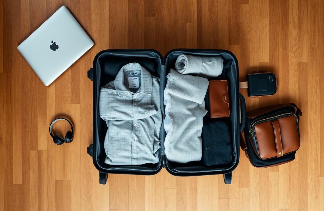 Open carry-on suitcase neatly packed with rolled merino tops, packing cubes and a laptop