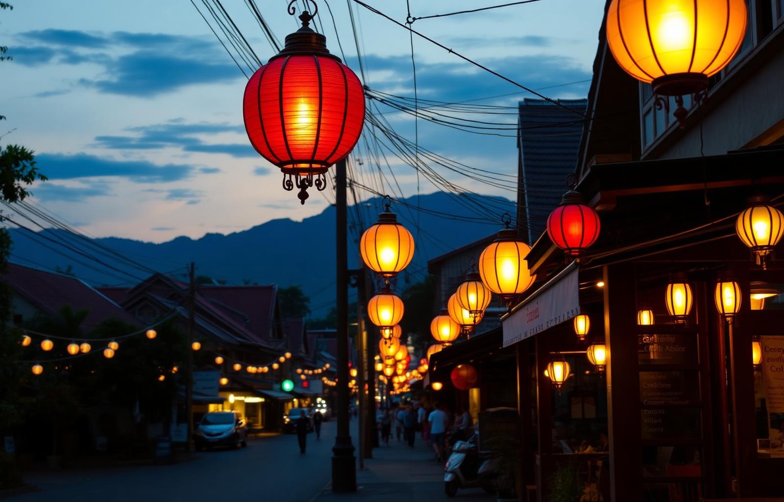 Chiang Mai Nimman cafe street with lanterns and mountains at dusk
