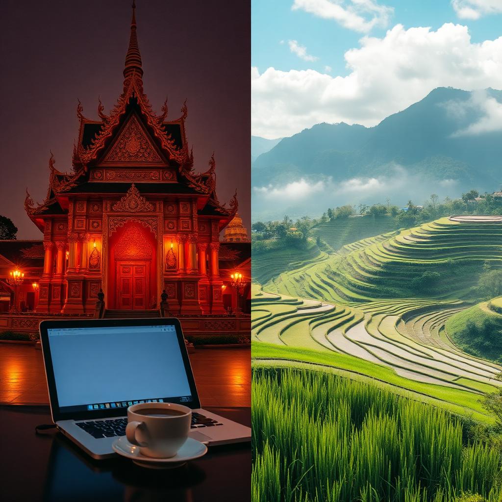 Split-screen of a Chiang Mai temple and a Bali rice terrace with a laptop and coffee