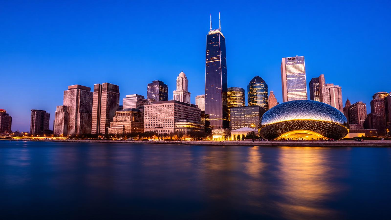 Chicago skyline and the Bean at blue hour from the lakefront