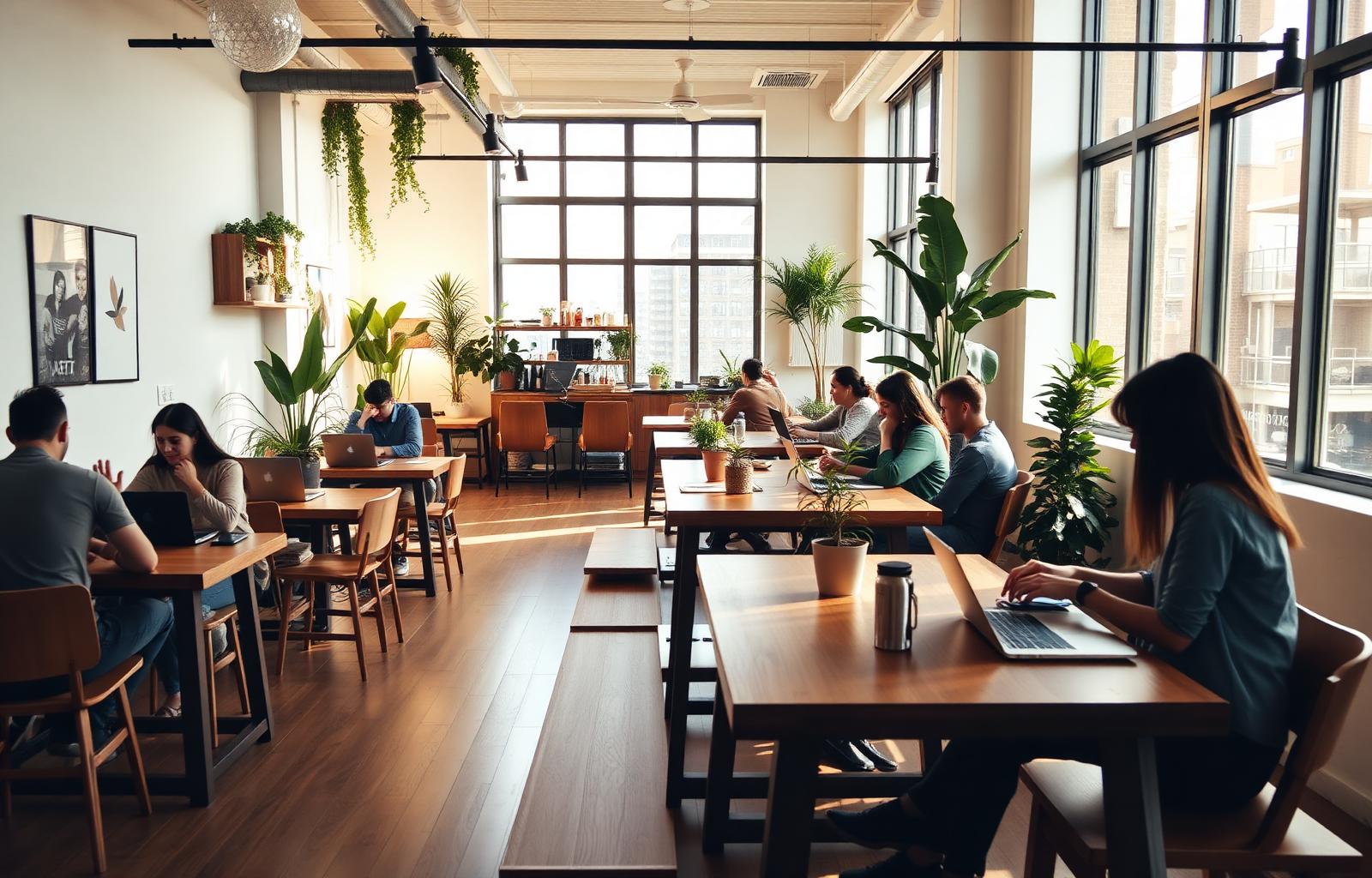Bright modern co-living common space with people working on laptops