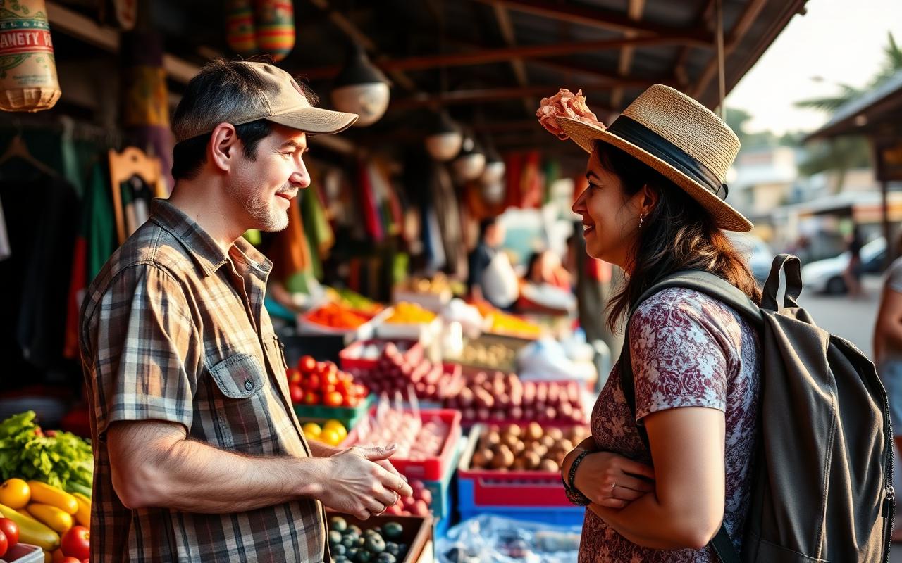 Traveler chatting with a local vendor at a colourful open-air market