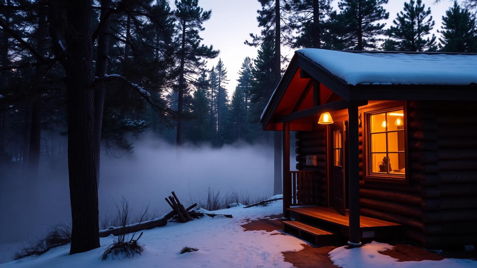 Warm-lit wooden mountain cabin in a snowy pine forest at dusk