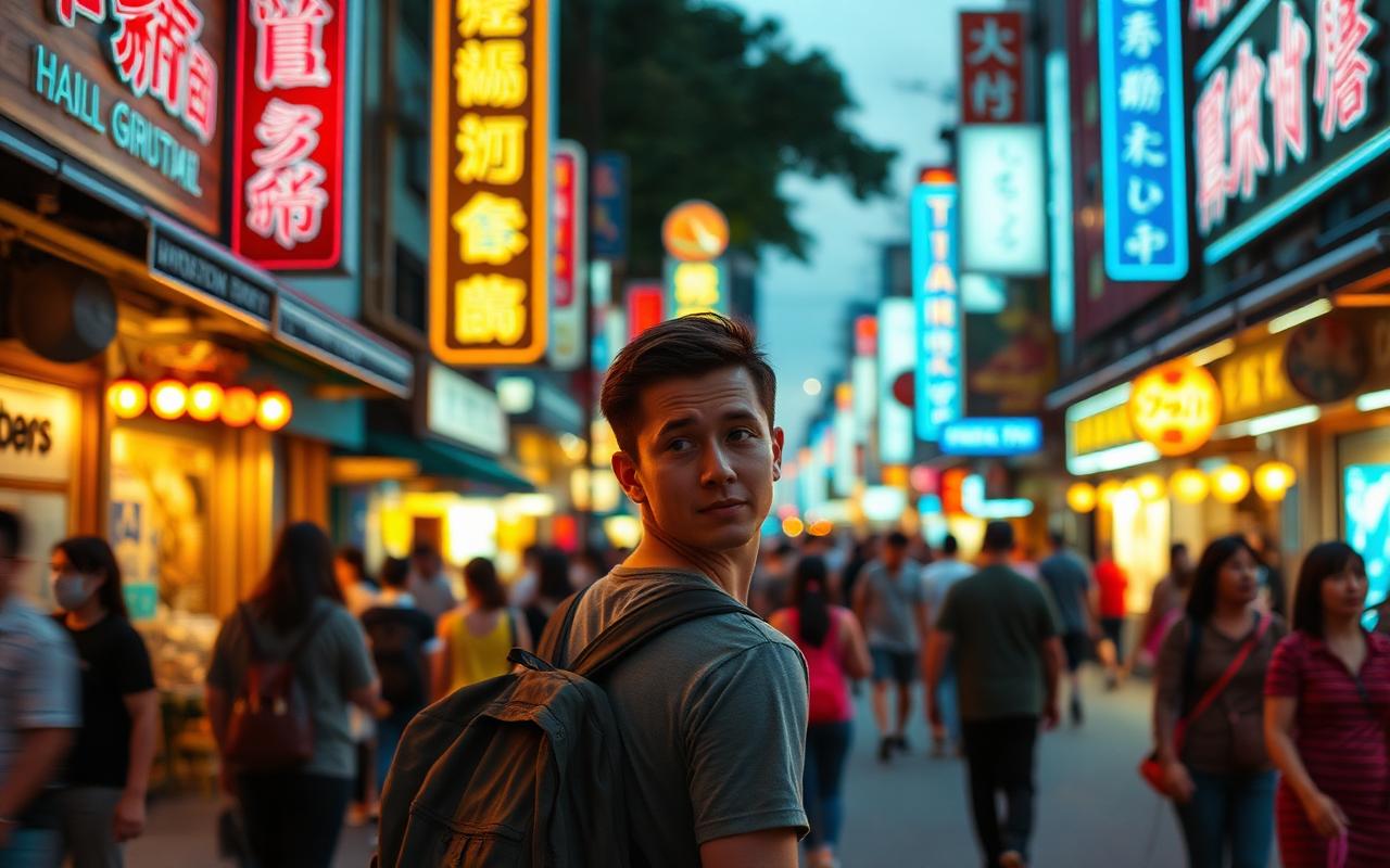Traveler with backpack in a vibrant Asian street with neon signs at dusk