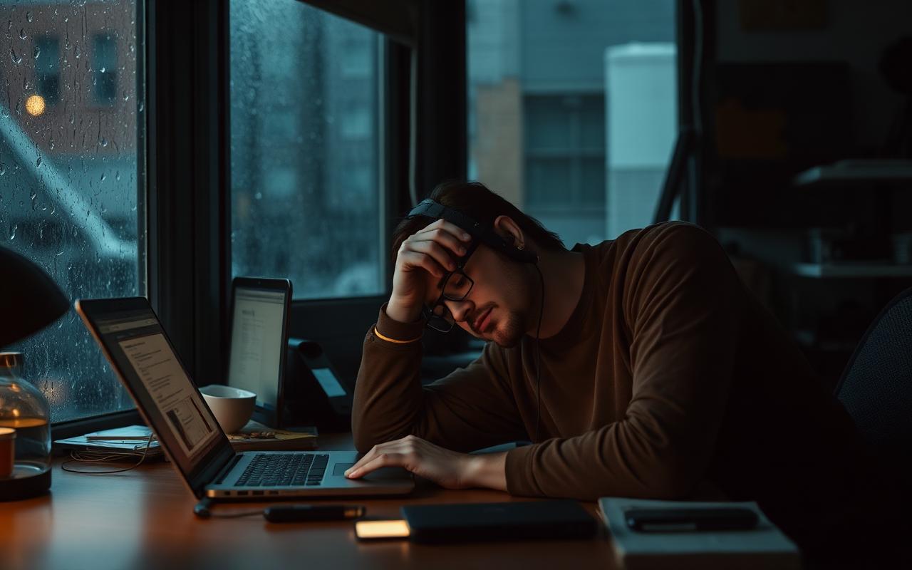 Tired digital nomad resting forehead on hand at a cluttered desk by a rainy window