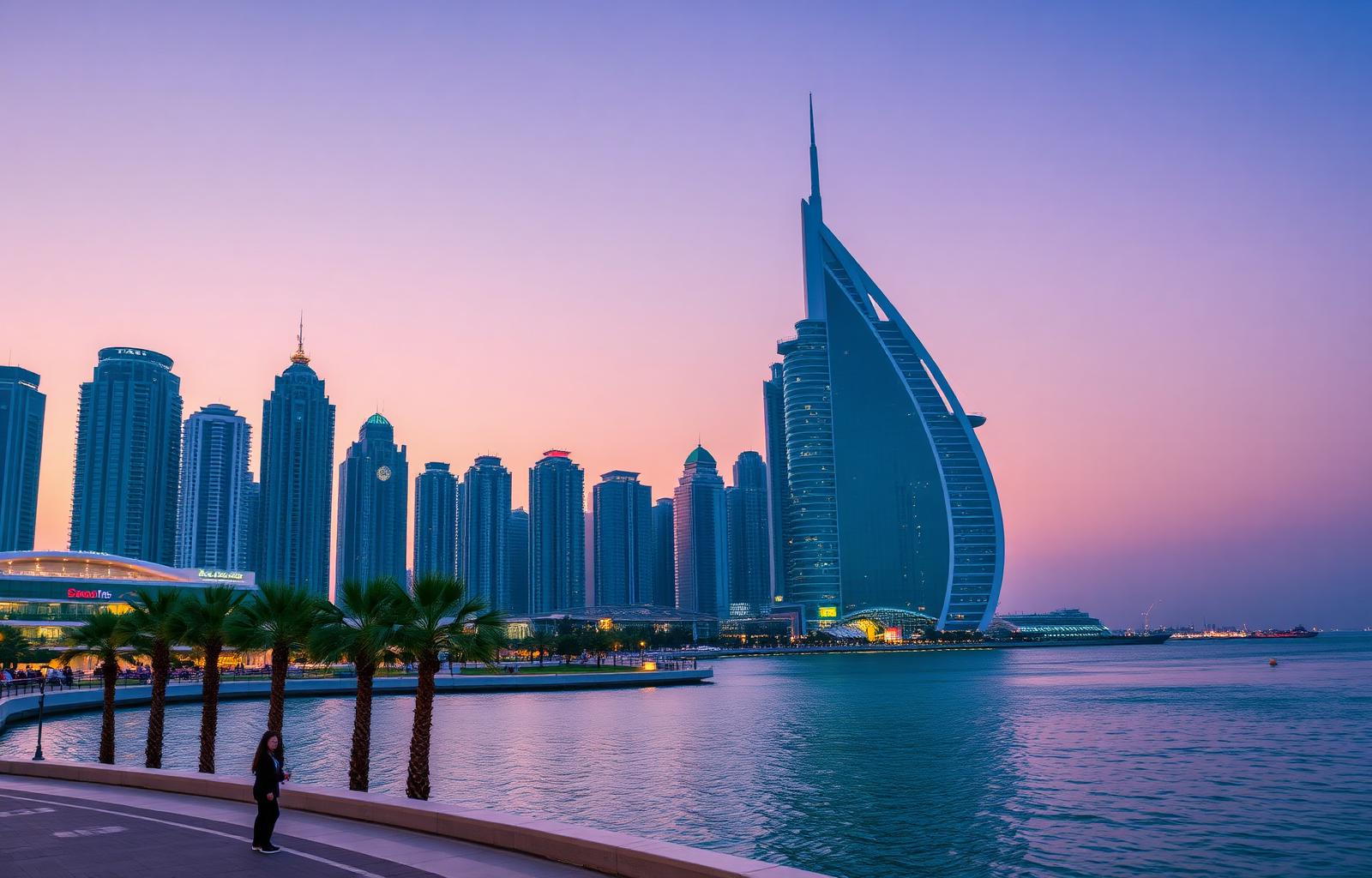 Dubai Marina skyline at dusk with palm trees along the waterfront