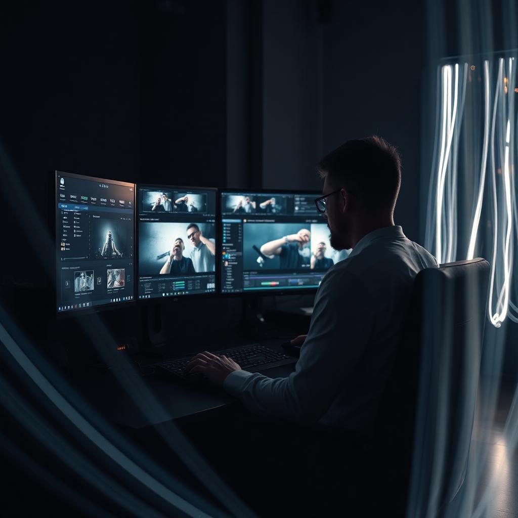 Video editor working on a multi-monitor NLE setup with fiber optic light streaks