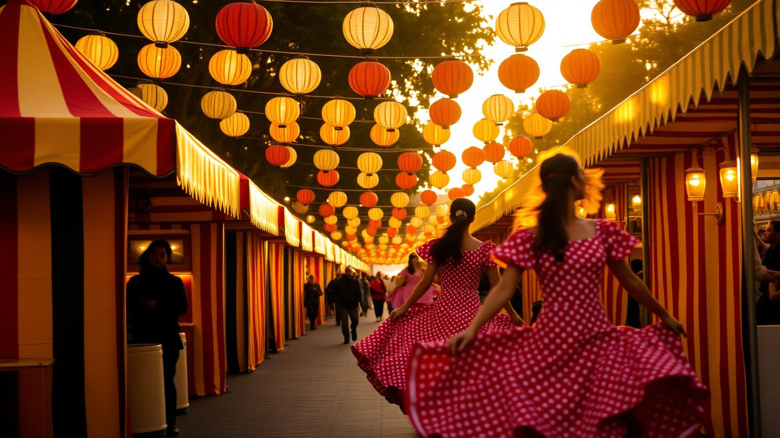 Striped caseta tents and paper lanterns at the Feria de Abril in Sevilla at golden hour