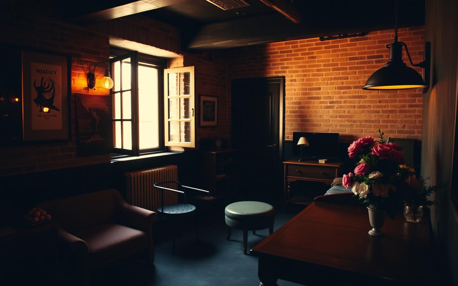 Warm boutique hotel room interior with exposed brick walls, vintage furniture and soft daylight from an open window
