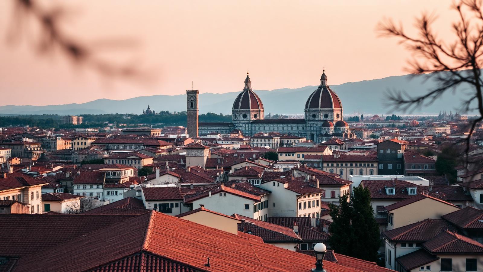 Florence Duomo and terracotta rooftops at golden hour from Piazzale Michelangelo