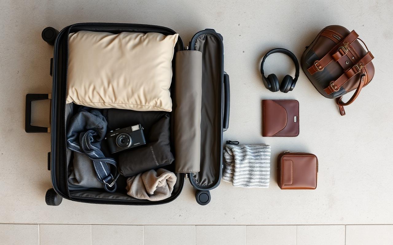 Overhead flat lay of organized carry-on packing with cubes, a compact camera, headphones and minimal travel essentials