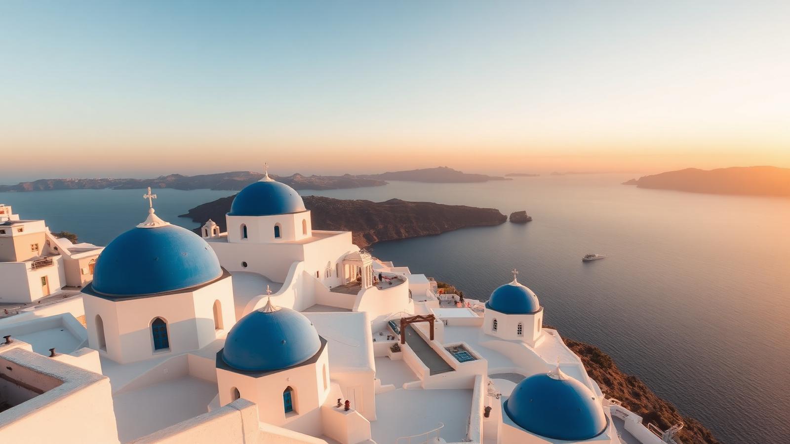 Whitewashed Oia houses with blue domes above the Santorini caldera at golden hour