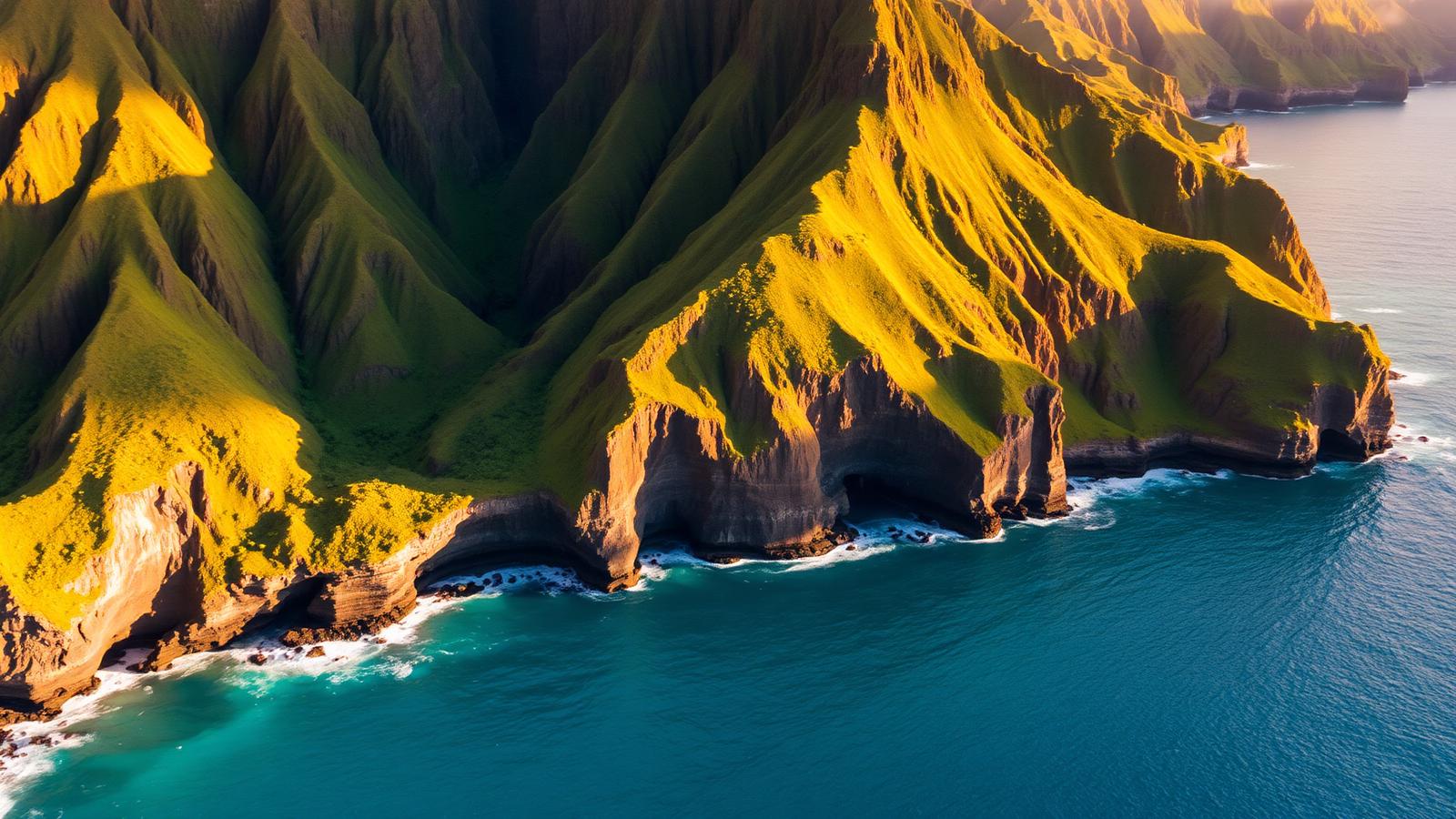 Lush green Na Pali coast sea cliffs of Kauai meeting turquoise Pacific water