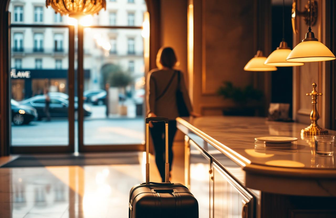 Traveler arriving at a boutique hotel lobby at golden hour with carry-on suitcase