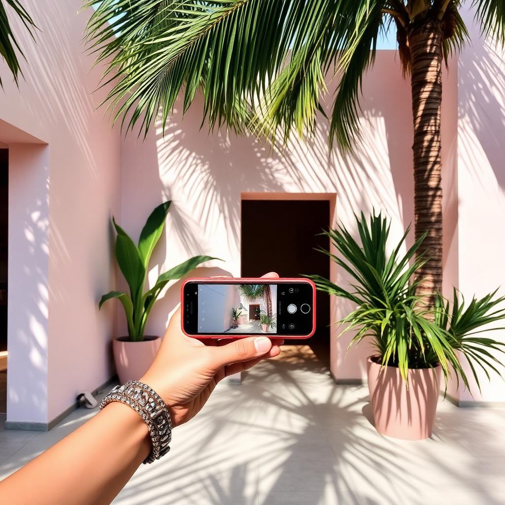 Pastel-pink wall with palm shadows and a phone framing an Instagram-worthy shot