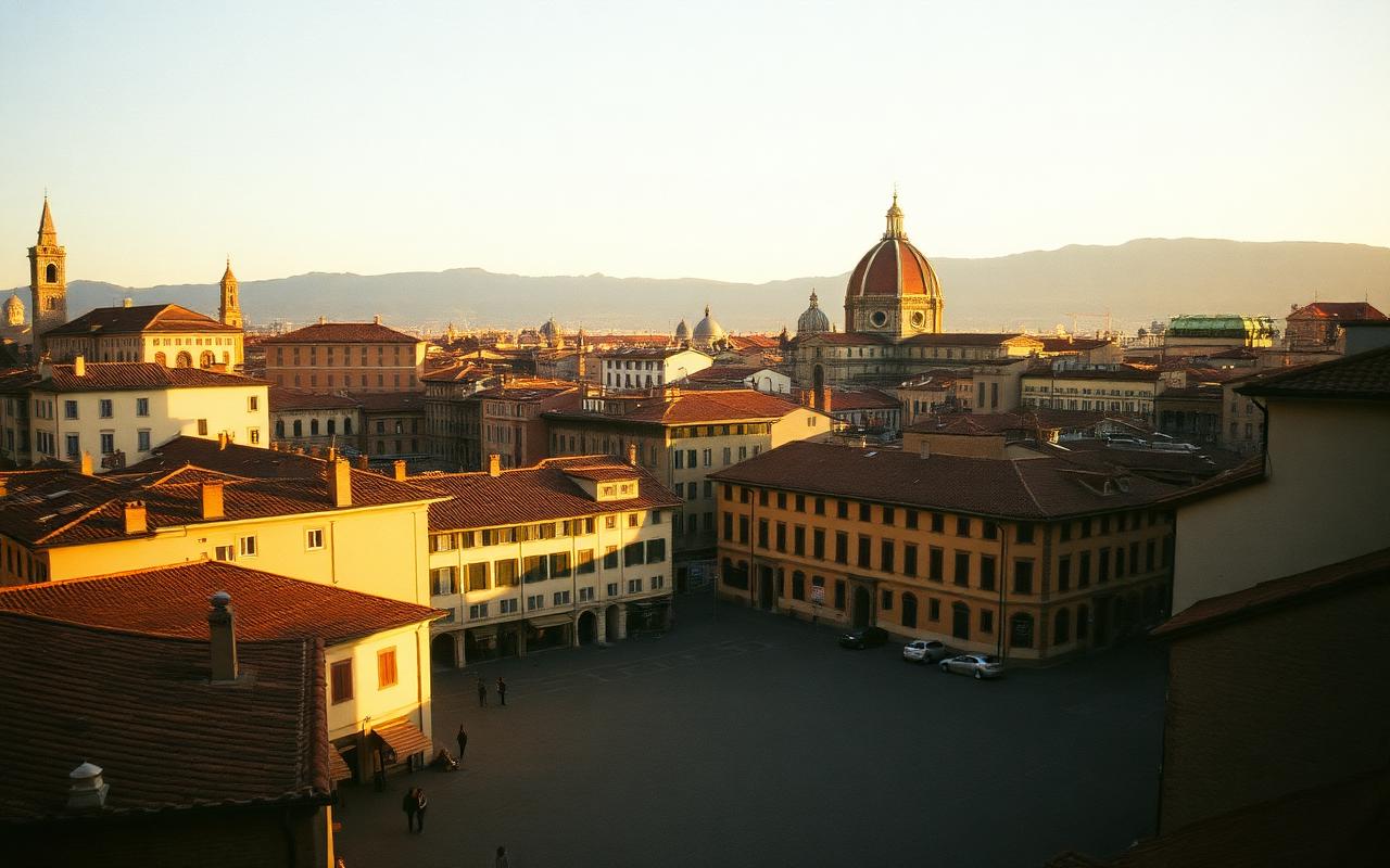 Florence rooftops at golden hour with the Duomo in the distance