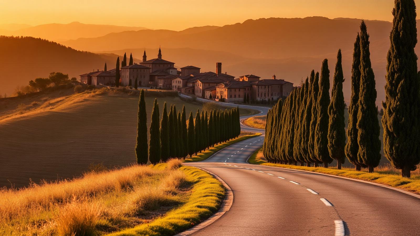 Tuscan hilltop village at golden hour with cypress trees along a winding road