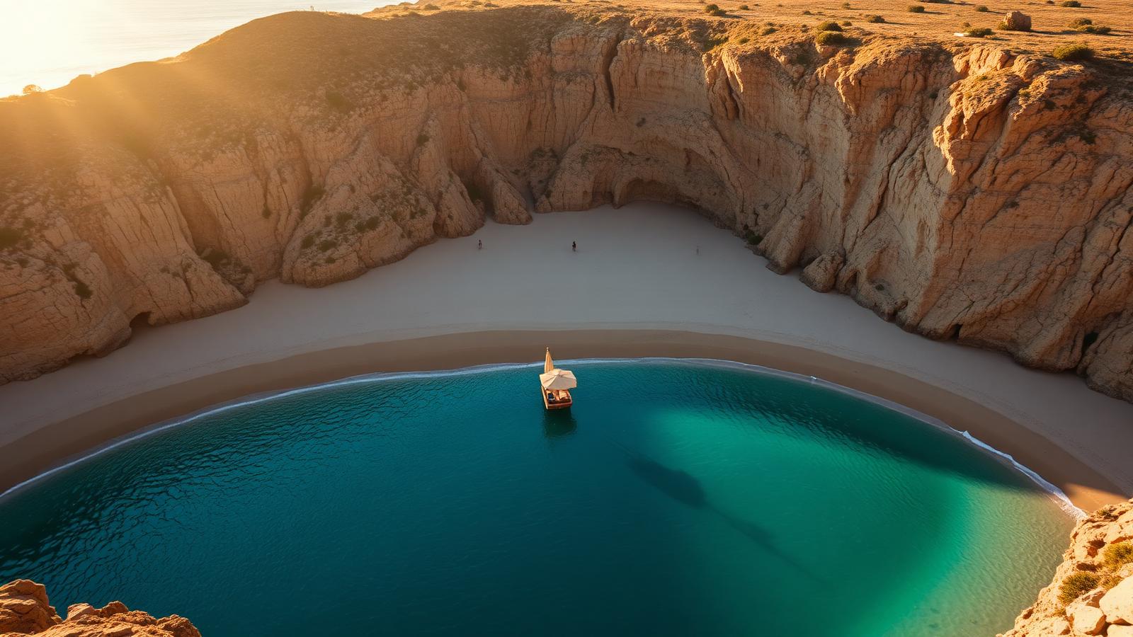 Aerial view of an empty Mediterranean cove with turquoise water at golden hour