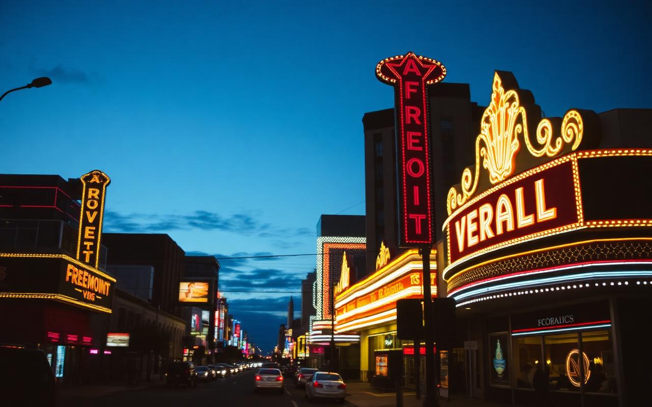 Vintage neon signage on Fremont Street, Las Vegas, at blue hour