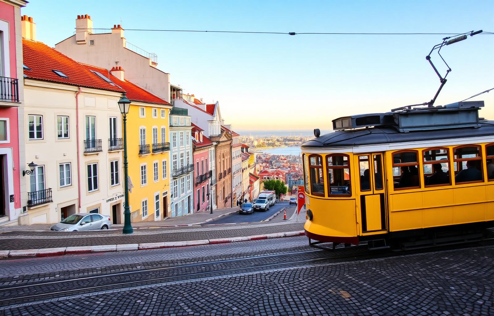 Lisbon yellow tram on a tiled hill street with the Tagus river behind