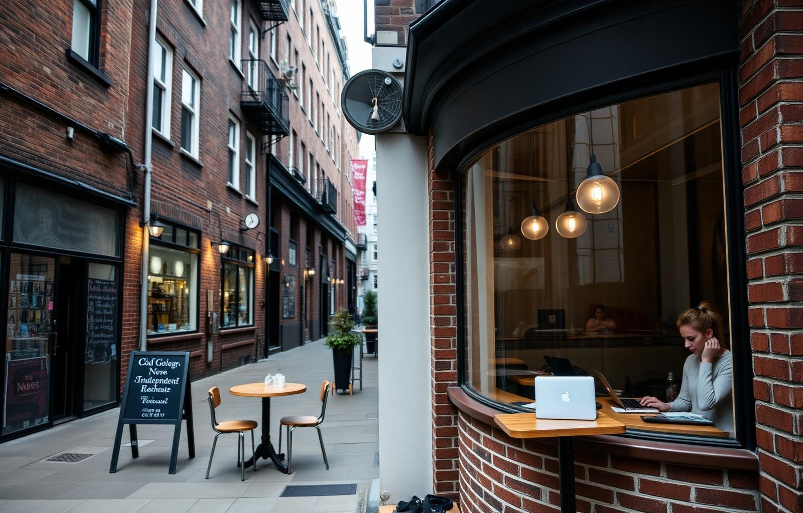 East London Shoreditch street with brick buildings and an independent café with laptop workers in the window