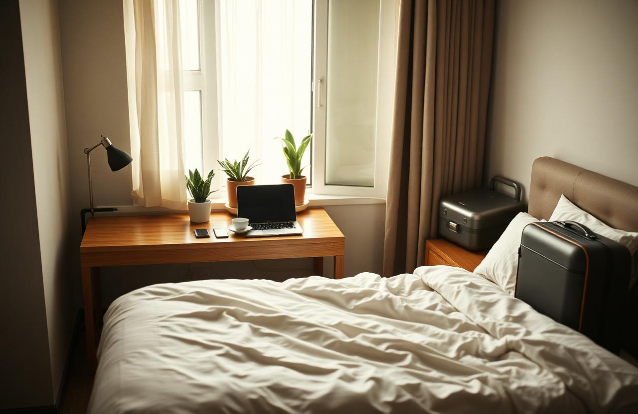 Hotel room set up like a temporary home with desk, laptop, coffee and a small open suitcase