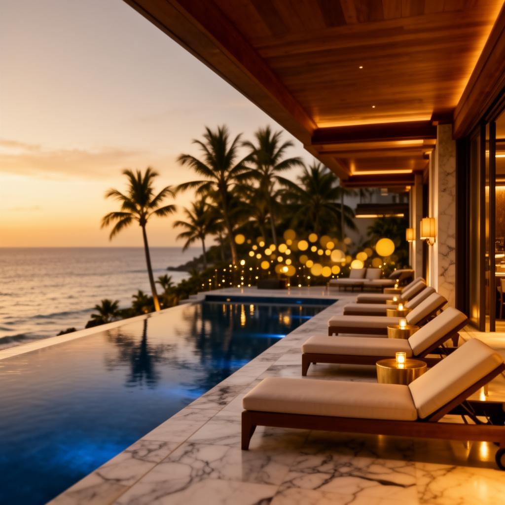 Luxury hotel infinity pool terrace overlooking a tropical ocean at golden hour