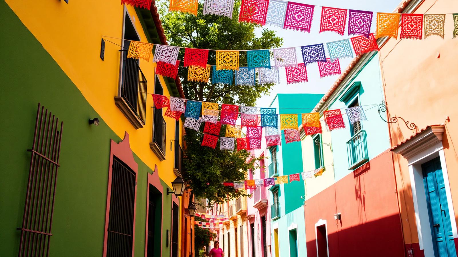 Colorful colonial street in Oaxaca with papel picado flags overhead