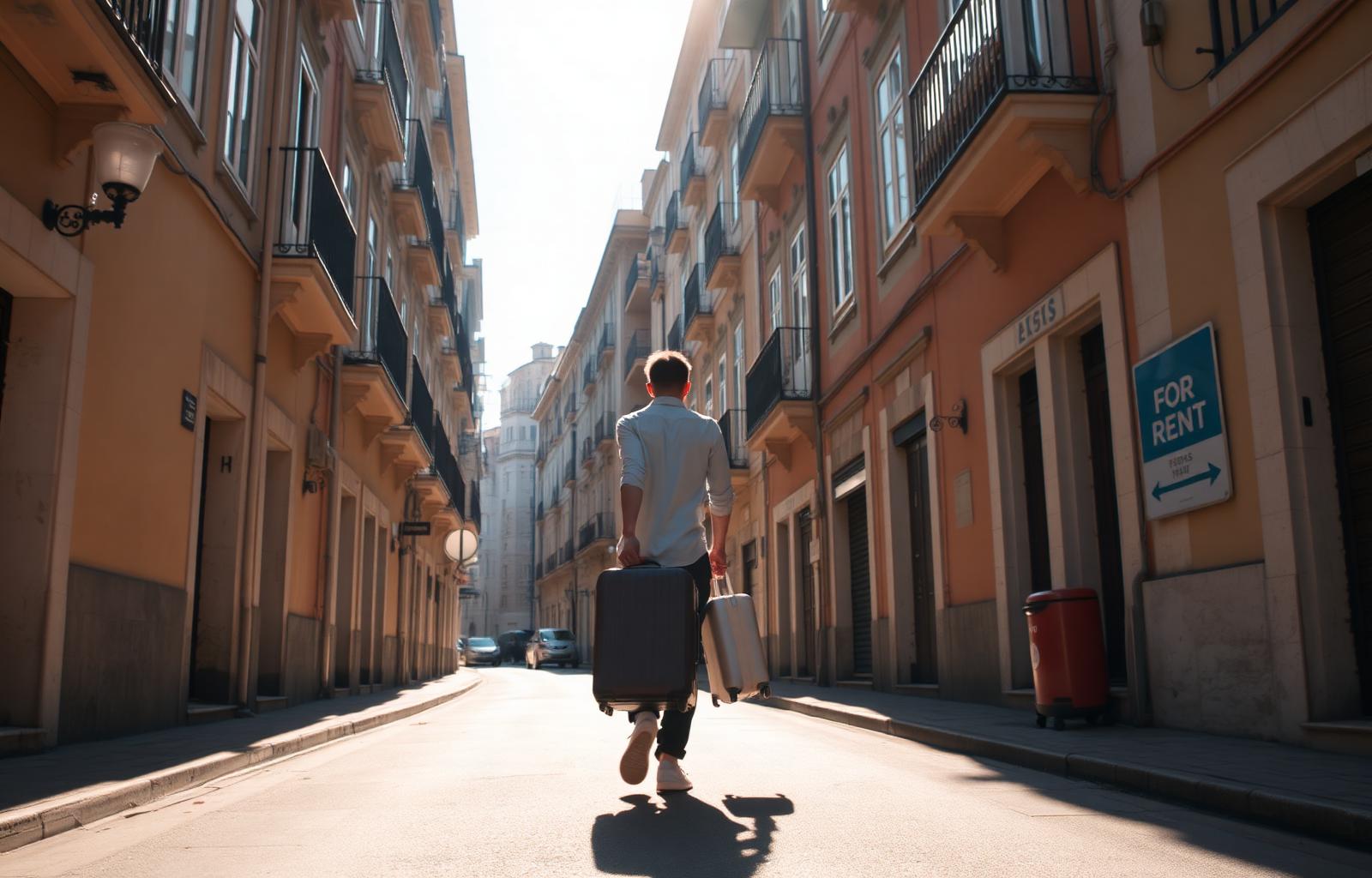 Nomad walking down a sunlit Lisbon-style street with apartment balconies and a for-rent sign