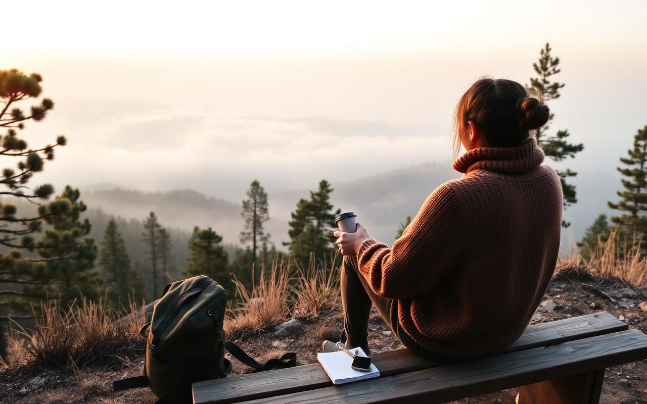 Solo traveler on a bench overlooking a misty mountain valley at sunrise with coffee and a journal