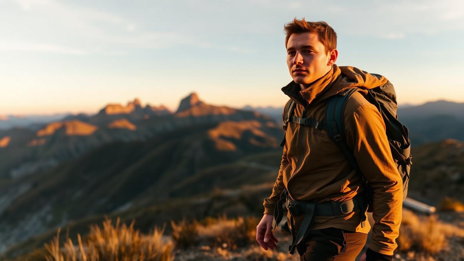 Hiker in layered earth-tone gear with a backpack on a mountain ridge at golden hour