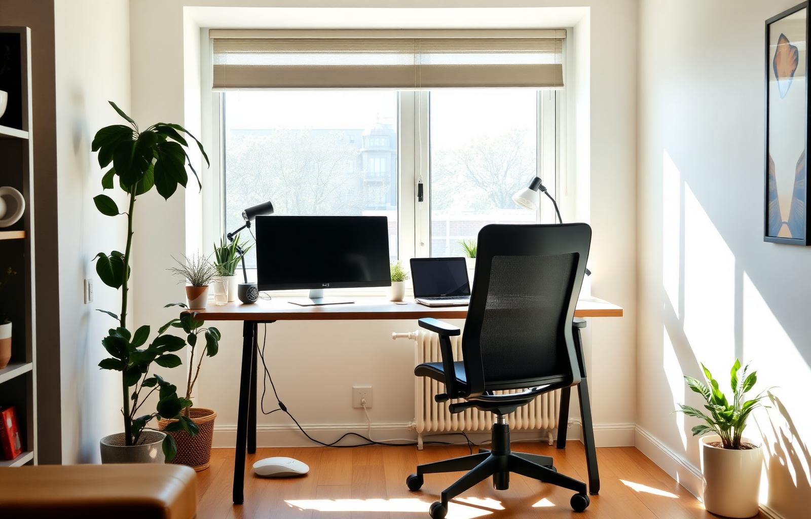 Tidy nomad workspace with desk, monitor, ergonomic chair and large window