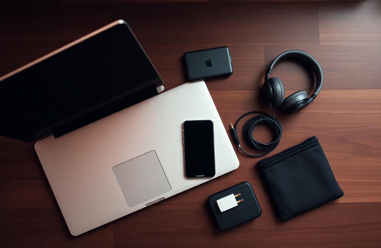 Digital nomad tech kit flat-lay with laptop, phone, headphones, power bank and adapter