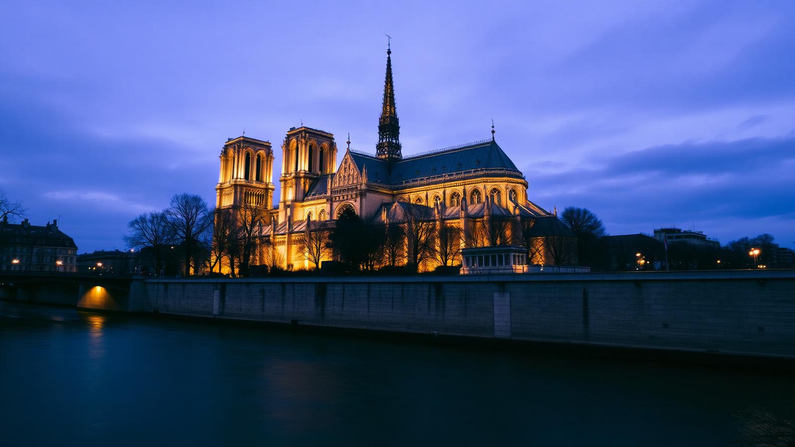 Notre-Dame cathedral in Paris illuminated at blue hour above the Seine