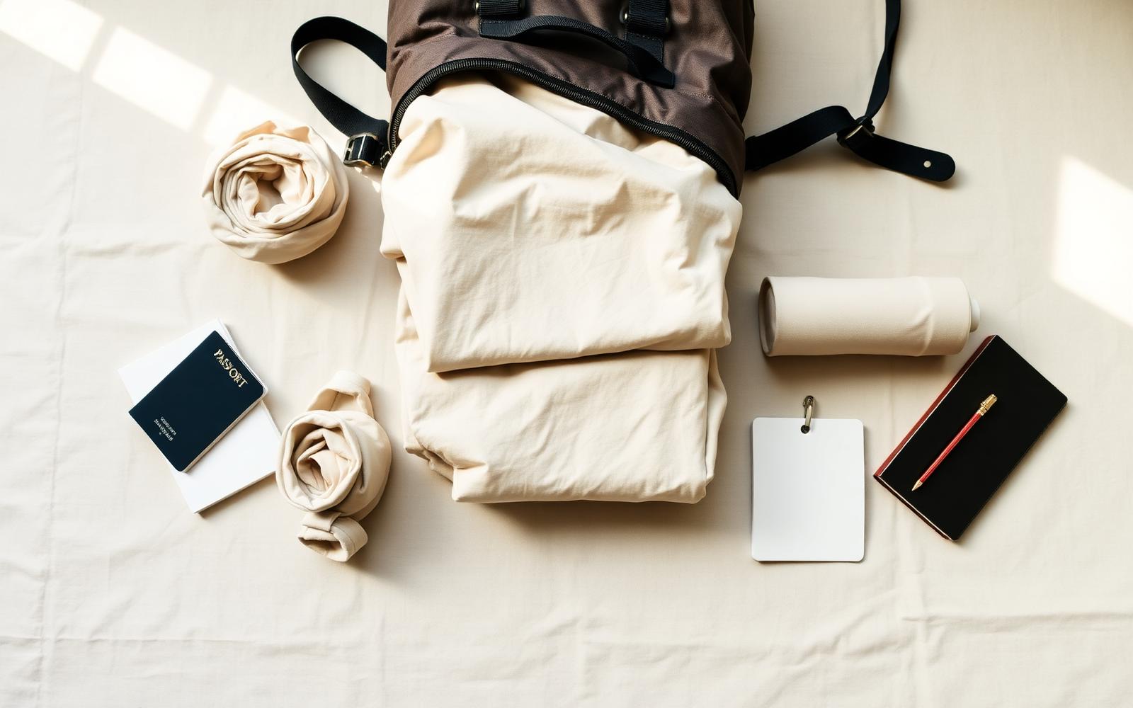 Flat-lay of a minimalist one-bag travel setup with rolled neutral clothing, passport, notebook and a small toiletry kit on linen