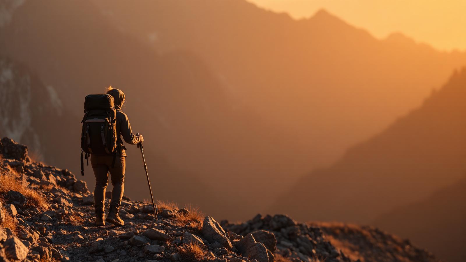 Hiker with backpack and trekking pole on a mountain ridge at golden hour